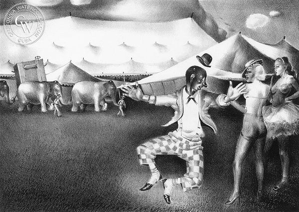 Amusing the Ladies, 1939, California art by James Hollins Patrick. HD giclee art prints for sale at CaliforniaWatercolor.com - original California paintings, & premium giclee prints for sale