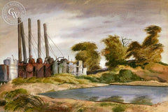 Los Angeles Refinery, 1937, California art by James Hollins Patrick. HD giclee art prints for sale at CaliforniaWatercolor.com - original California paintings, & premium giclee prints for sale