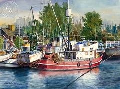 The Red Boat, California art by John Bohnenberger. HD giclee art prints for sale at CaliforniaWatercolor.com - original California paintings, & premium giclee prints for sale