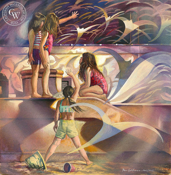 Free Flight, a California watercolor painting by Ken Goldman. Telephone poles, power lines, hard work. HD giclee art prints for sale at CaliforniaWatercolor.com - original California paintings, & premium giclee prints for sale