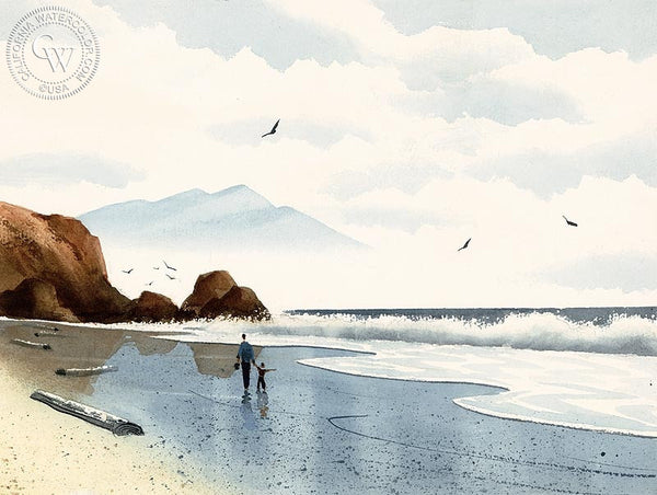 Walk on the Beach, California art by Ken Decker. HD giclee art prints for sale at CaliforniaWatercolor.com - original California paintings, & premium giclee prints for sale