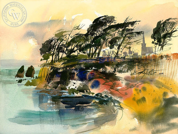 Mendocino City, Evening Sunset, 1969, California art by Ken Potter. HD giclee art prints for sale at CaliforniaWatercolor.com - original California paintings, & premium giclee prints for sale