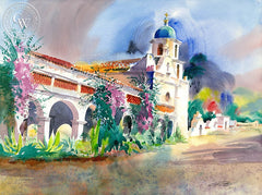 Mission San Luis Rey de Francia, 2003, California art by Ken Potter. HD giclee art prints for sale at CaliforniaWatercolor.com - original California paintings, & premium giclee prints for sale