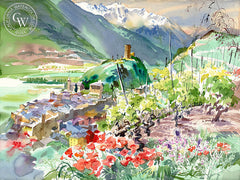 Saillon and the Valley Rhone, Switzerland, 1993, California watercolor painting by Ken Potter, California art. fine art giclee prints for sale at CaliforniaWatercolor.com - original California paintings, & premium giclee prints for sale