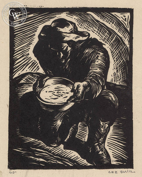 Panning for Gold, California art by Lee Blair. HD giclee art prints for sale at CaliforniaWatercolor.com - original California paintings, & premium giclee prints for sale