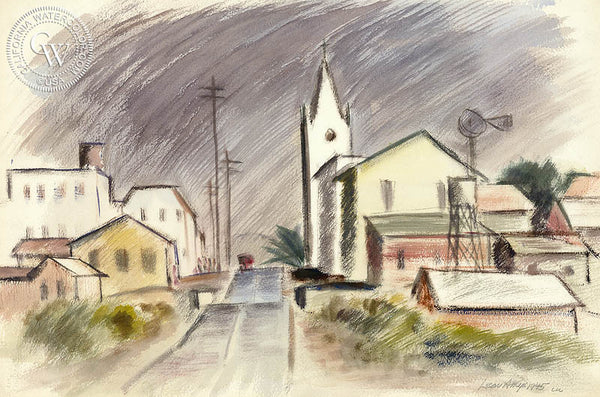 Street in Castroville, 1945, by Leon Amyx. California art, original California watercolor art for sale, giclee, fine art print for sale - CaliforniaWatercolor.com