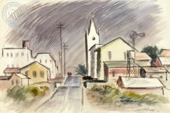 Street in Castroville, 1945, by Leon Amyx. California art, original California watercolor art for sale, giclee, fine art print for sale - CaliforniaWatercolor.com