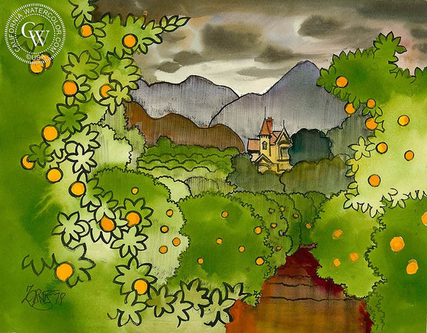 California Orange Grove, 1978, California art by Milford Zornes. HD giclee art prints for sale at CaliforniaWatercolor.com - original California paintings, & premium giclee prints for sale