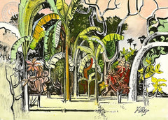 Gardin en Colima, California art by Milford Zornes. HD giclee art prints for sale at CaliforniaWatercolor.com - original California paintings, & premium giclee prints for sale