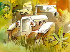 Old Trucks, 1999, California art by Milford Zornes. HD giclee art prints for sale at CaliforniaWatercolor.com - original California paintings, & premium giclee prints for sale