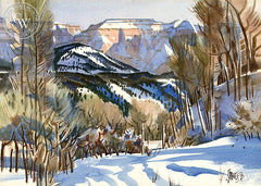 Winter at Mt. Carmel, Utah, 1970, California art by Milford Zornes. HD giclee art prints for sale at CaliforniaWatercolor.com - original California paintings, & premium giclee prints for sale