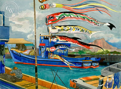 Boys Day Celebration, Hawaii, 1950, California art by Millard Sheets. HD giclee art prints for sale at CaliforniaWatercolor.com - original California paintings, & premium giclee prints for sale