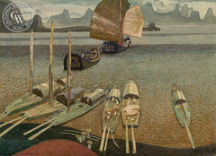 Cargo Boats and Sampan, China, California art by Millard Sheets. HD giclee art prints for sale at CaliforniaWatercolor.com - original California paintings, & premium giclee prints for sale