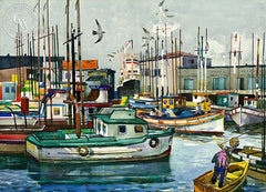 Fisherman's Wharf, San Francisco, 1965, California art by Millard Sheets. HD giclee art prints for sale at CaliforniaWatercolor.com - original California paintings, & premium giclee prints for sale