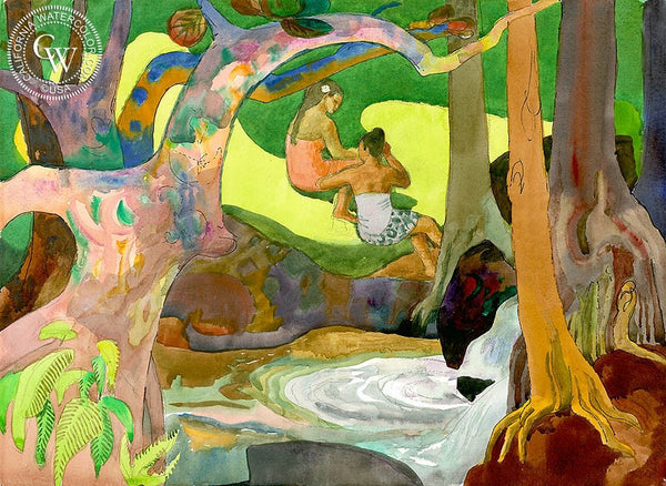 Girls by the River, 1978, California art by Millard Sheets. HD giclee art prints for sale at CaliforniaWatercolor.com - original California paintings, & premium giclee prints for sale