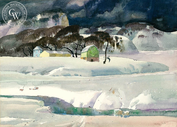 Iowa Winter Stream, 1977, California art by Millard Sheets. HD giclee art prints for sale at CaliforniaWatercolor.com - original California paintings, & premium giclee prints for sale