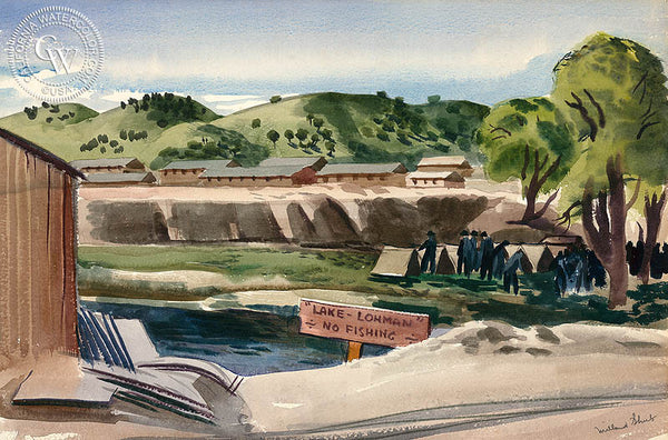 Lake Lohman - No Fishing, 1941, California art by Millard Sheets. HD giclee art prints for sale at CaliforniaWatercolor.com - original California paintings, & premium giclee prints for sale