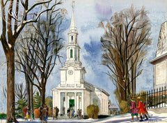 New England Church, Lexington, 1956, California art by Millard Sheets. HD giclee art prints for sale at CaliforniaWatercolor.com - original California paintings, & premium giclee prints for sale