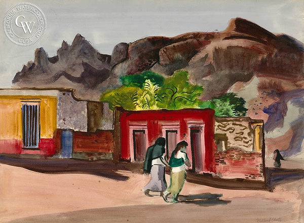 Two Women Walking, 1943, California art by Millard Sheets. HD giclee art prints for sale at CaliforniaWatercolor.com - original California paintings, & premium giclee prints for sale