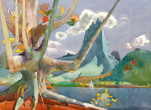 Maua Roa Through Old Kamani Tree, Moorea, 1980, California art by Millard Sheets. HD giclee art prints for sale at CaliforniaWatercolor.com - original California paintings, & premium giclee prints for sale
