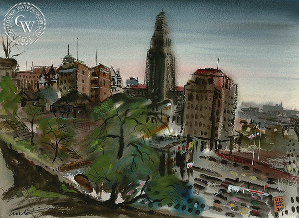 City Hall, Los Angeles, 1943, California art by Noel Quinn. HD giclee art prints for sale at CaliforniaWatercolor.com - original California paintings, & premium giclee prints for sale