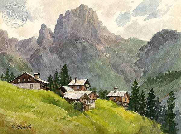 Selva Di Gardena, Italy, California art by Othello Michetti. HD giclee art prints for sale at CaliforniaWatercolor.com - original California paintings, & premium giclee prints for sale
