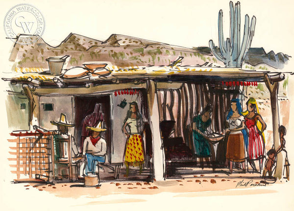 Pepper Drying, Sonora, Mexico, 1951, California art by Phil Paradise. HD giclee art prints for sale at CaliforniaWatercolor.com - original California paintings, & premium giclee prints for sale