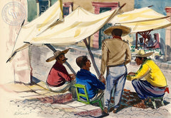 San Miguel de Allende, Conversation, 1953, California art by Phil Paradise. HD giclee art prints for sale at CaliforniaWatercolor.com - original California paintings, & premium giclee prints for sale