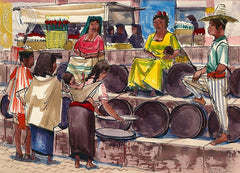 San Miguel de Allende, Market Scene 4, 1953, California art by Phil Paradise. HD giclee art prints for sale at CaliforniaWatercolor.com - original California paintings, & premium giclee prints for sale