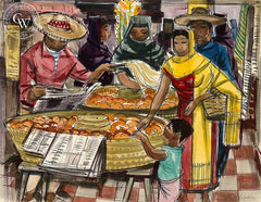 San Miguel de Allende, Market Scene, 1953, California art by Phil Paradise. HD giclee art prints for sale at CaliforniaWatercolor.com - original California paintings, & premium giclee prints for sale