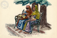 San Miguel de Allende, Women on Bench, 1953, California art by Phil Paradise. HD giclee art prints for sale at CaliforniaWatercolor.com - original California paintings, & premium giclee prints for sale