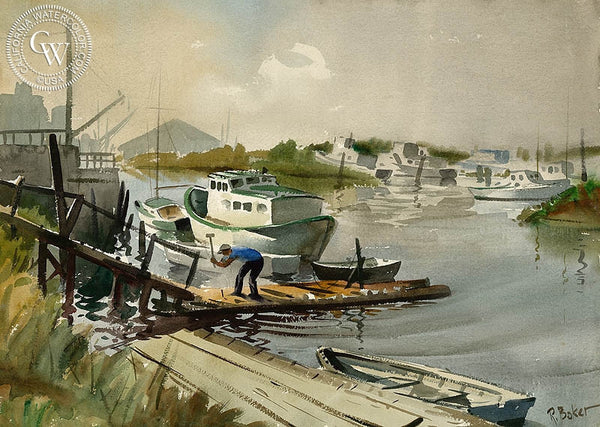 Repairing the Pier, California art by Ralph Baker. HD giclee art prints for sale at CaliforniaWatercolor.com - original California paintings, & premium giclee prints for sale