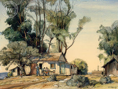 Three Men at the Cabin, c. 1940, California art by Richmond Kelsey. HD giclee art prints for sale at CaliforniaWatercolor.com - original California paintings, & premium giclee prints for sale