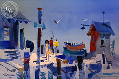 Wharf Scene, 1967, California art by Robert E. Wood. HD giclee art prints for sale at CaliforniaWatercolor.com - original California paintings, & premium giclee prints for sale