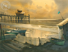 Sunset at Newport, California art by Robert Landry. HD giclee art prints for sale at CaliforniaWatercolor.com - original California paintings, & premium giclee prints for sale