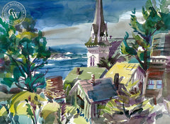 Mendocino Village, California art by Ron Hanner. HD giclee art prints for sale at CaliforniaWatercolor.com - original California paintings, & premium giclee prints for sale