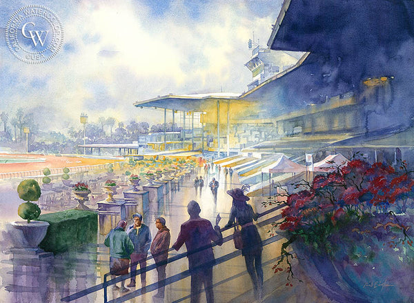 Anticipation, Santa Anita Race Track, California watercolor art by Sid Bingham. HD giclee art prints for sale at CaliforniaWatercolor.com - original California paintings, & premium giclee prints for sale