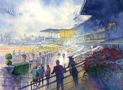 Anticipation, Santa Anita Race Track, California watercolor art by Sid Bingham. HD giclee art prints for sale at CaliforniaWatercolor.com - original California paintings, & premium giclee prints for sale