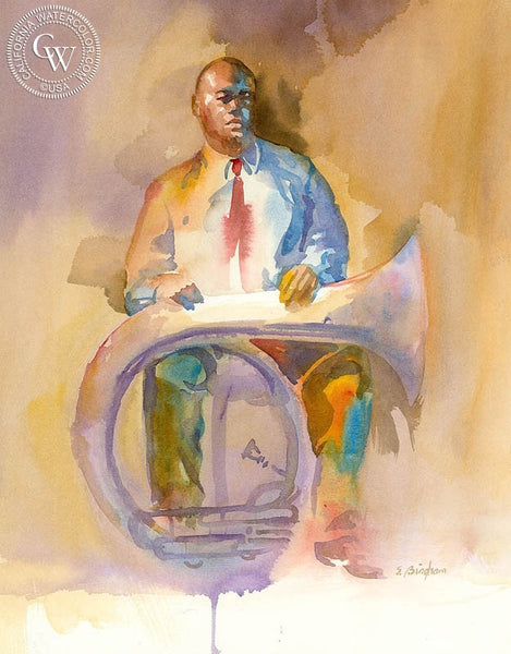 Bill and His Tuba, California art by Sid Bingham. HD giclee art prints for sale at CaliforniaWatercolor.com - original California paintings, & premium giclee prints for sale