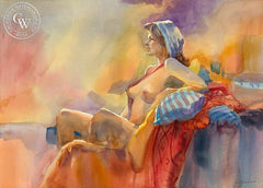 Blue Scarf, California art by Sid Bingham. HD giclee art prints for sale at CaliforniaWatercolor.com - original California paintings, & premium giclee prints for sale