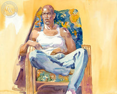 Break Time, Michael in Blue Chair, California art by Sid Bingham. HD giclee art prints for sale at CaliforniaWatercolor.com - original California paintings, & premium giclee prints for sale