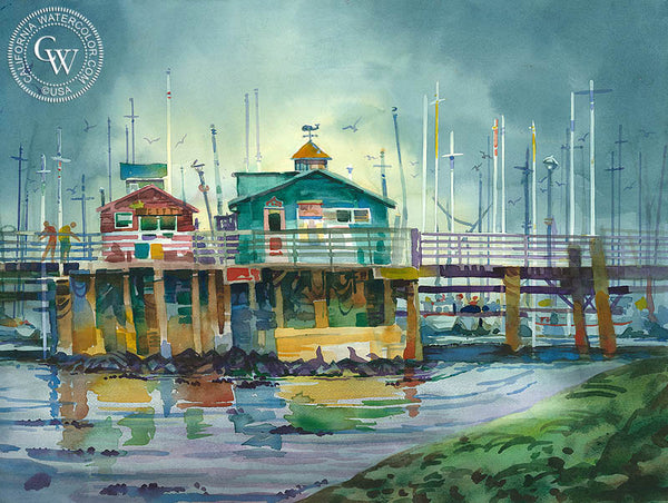 Grey Piers, Monterey, CA, California art by Sid Bingham. HD giclee art prints for sale at CaliforniaWatercolor.com - original California paintings, & premium giclee prints for sale
