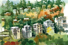 Hillside from S.W. Museum, Los Angeles, California art by Sid Bingham. HD giclee art prints for sale at CaliforniaWatercolor.com - original California paintings, & premium giclee prints for sale