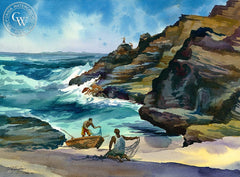 Tending the Nets, Koko Head, Oahu, California art by Sid Bingham. HD giclee art prints for sale at CaliforniaWatercolor.com - original California paintings, & premium giclee prints for sale