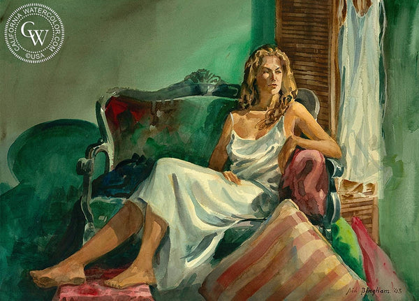 The Green Sofa, California art by Sid Bingham. HD giclee art prints for sale at CaliforniaWatercolor.com - original California paintings, & premium giclee prints for sale