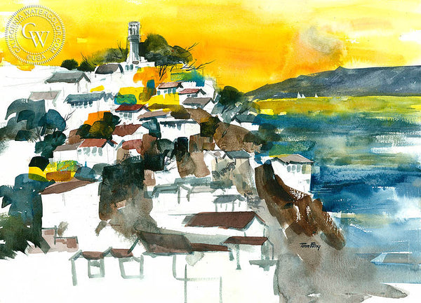 Coit Tower Sunset, California watercolor art by Tom Fong. Original California watercolor painting for sale, fine art giclee print for sale, fine art painting, watercolor art, Coit Tower artwork, San Francisco painting, Coit Tower fine art painting, CaliforniaWatercolor.com