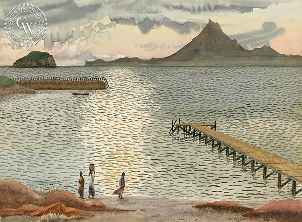 Beach Stroll at Cabo San Lucas, 1952, California art by Tom Van Sant. HD giclee art prints for sale at CaliforniaWatercolor.com - original California paintings, & premium giclee prints for sale