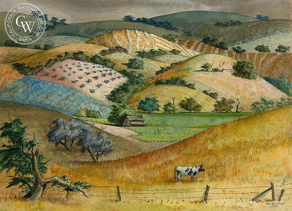 Coastal Mountain Vineyards, California, 1953, California art by Tom Van Sant. HD giclee art prints for sale at CaliforniaWatercolor.com - original California paintings, & premium giclee prints for sale