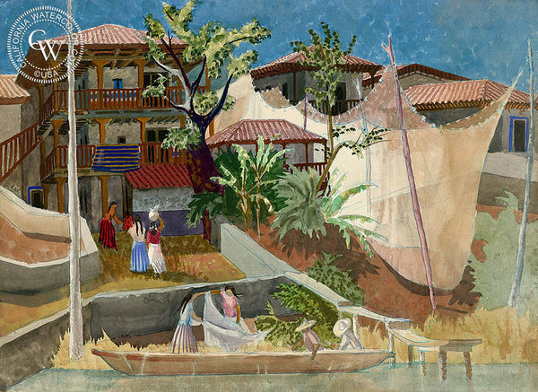 Drying Nets, Janitzio, California art by Tom Van Sant. HD giclee art prints for sale at CaliforniaWatercolor.com - original California paintings, & premium giclee prints for sale