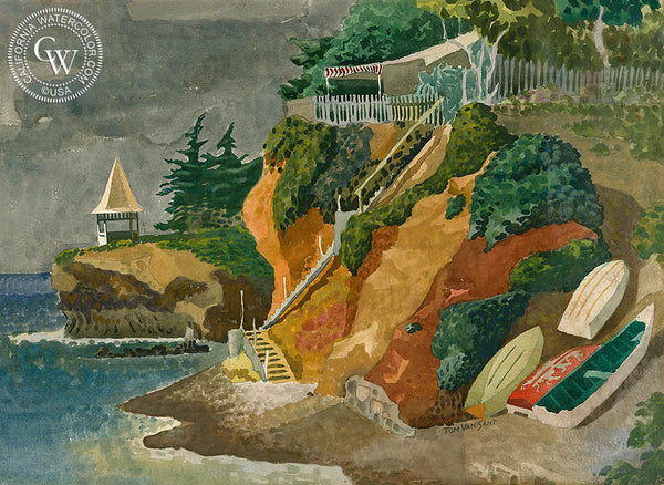 Laguna Beach Boats at Cupola Point, California art by Tom Van Sant. HD giclee art prints for sale at CaliforniaWatercolor.com - original California paintings, & premium giclee prints for sale